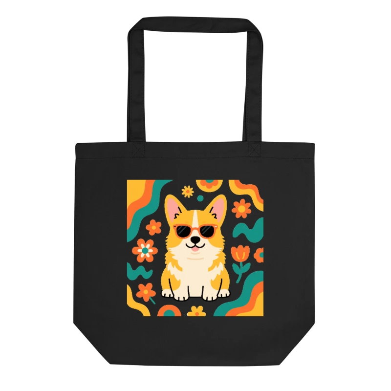 Eco Black Tote Bag with Corgi & Floral Design - Sustainable Canvas Tote