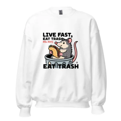 Unisex Crew Neck Sweatshirt | Live Fast, Eat Trash - Opossum Taco Design