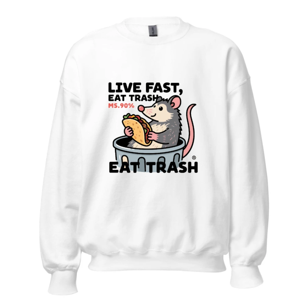 Unisex Crew Neck Sweatshirt | Live Fast, Eat Trash - Opossum Taco Design
