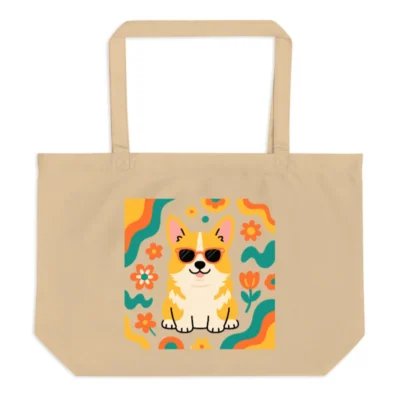 Large Organic Tote Bag with Corgi & Floral Design - Eco-Friendly Canvas Shopper