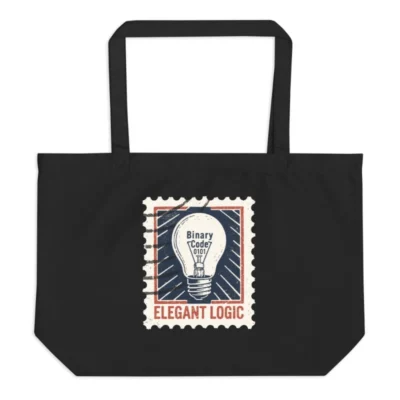 Large Black Organic Tote Bag | Elegant Logic Binary Code Lightbulb Design