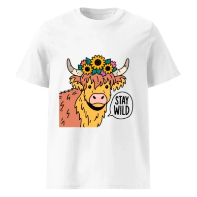 Unisex Organic Cotton T-Shirt | Highland Cow with Sunflowers & 'Stay Wild' Slogan