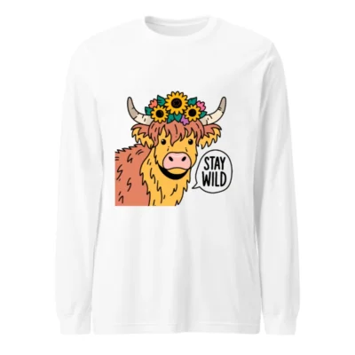 Unisex Long Sleeve Tee with Highland Cow & Sunflower Design - Stay Wild