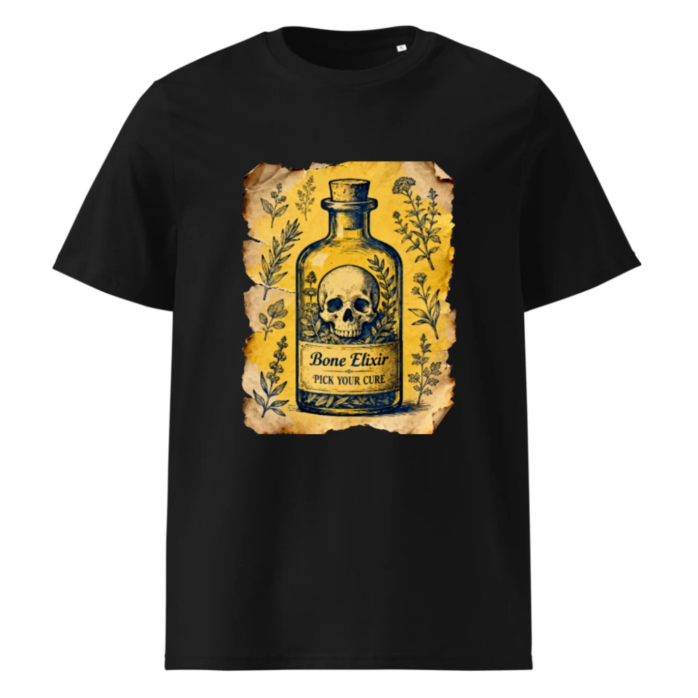 Bone Elixir T-Shirt - Unisex Organic Cotton Tee with Vintage Skull & Herb Art