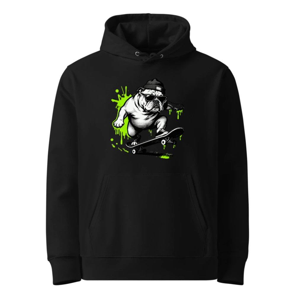 Unisex Eco Hoodie - Bulldog Skateboarder Graphic, Green Splatter Design