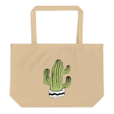 Large Organic Tote Bag with Cactus Design - Eco-Friendly Cotton Tote