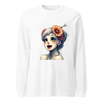Unisex Long Sleeve Tee with Floral Girl Art Design - White Comfort Fit