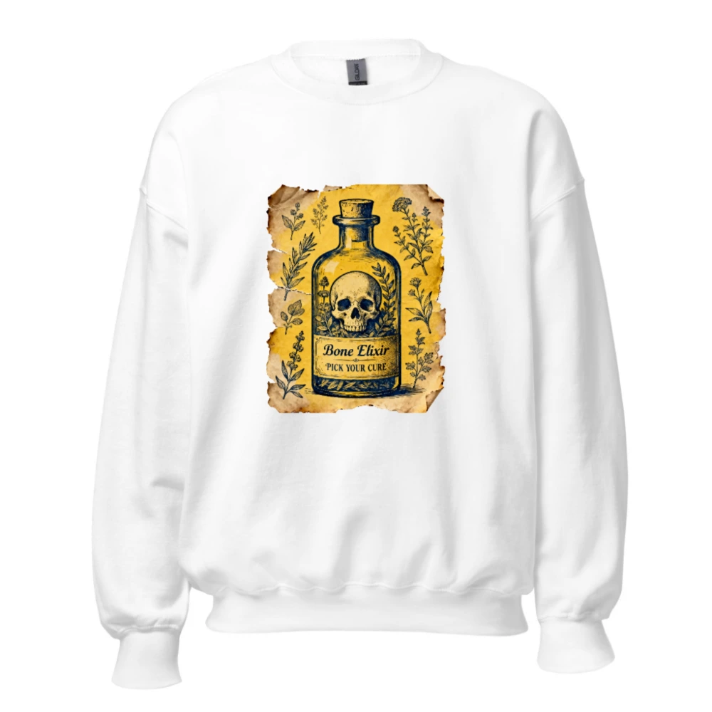 Bone Elixir Unisex Sweatshirt | Vintage Apothecary Skull & Herbs Design