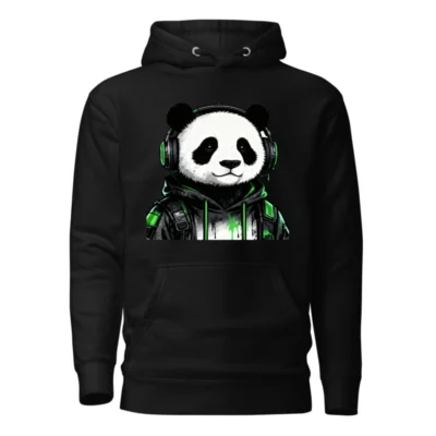 Unisex Panda Gamer Hoodie - Black Premium Pullover with Green Headphones & Tech Design