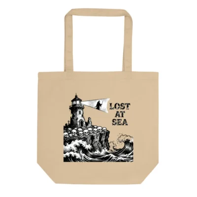 Eco Oyster Tote Bag | Lost at Sea Lighthouse Skull Design, Sustainable Cotton Tote