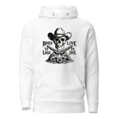 Unisex Premium Pullover Hoodie - Cowboy Skull & Revolvers Design, Born to Lose, Live to Die