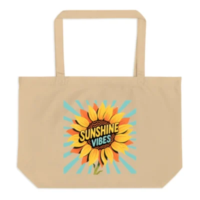 Organic Sunflower Tote Bag | Large Eco-Friendly Canvas Tote with 'Sunshine Vibes' Design