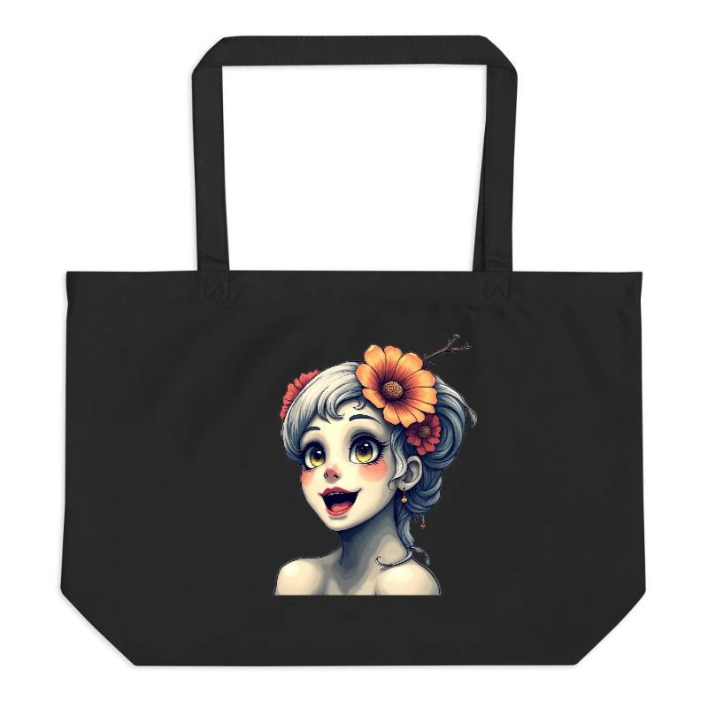 Large Black Organic Tote Bag | Eco-Friendly Canvas Tote with Floral Girl Art
