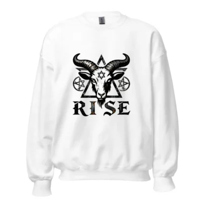 Unisex Goat Head Sweatshirt - 'RISE' Pentagram & Hexagram Design, Crew Neck, Black & White
