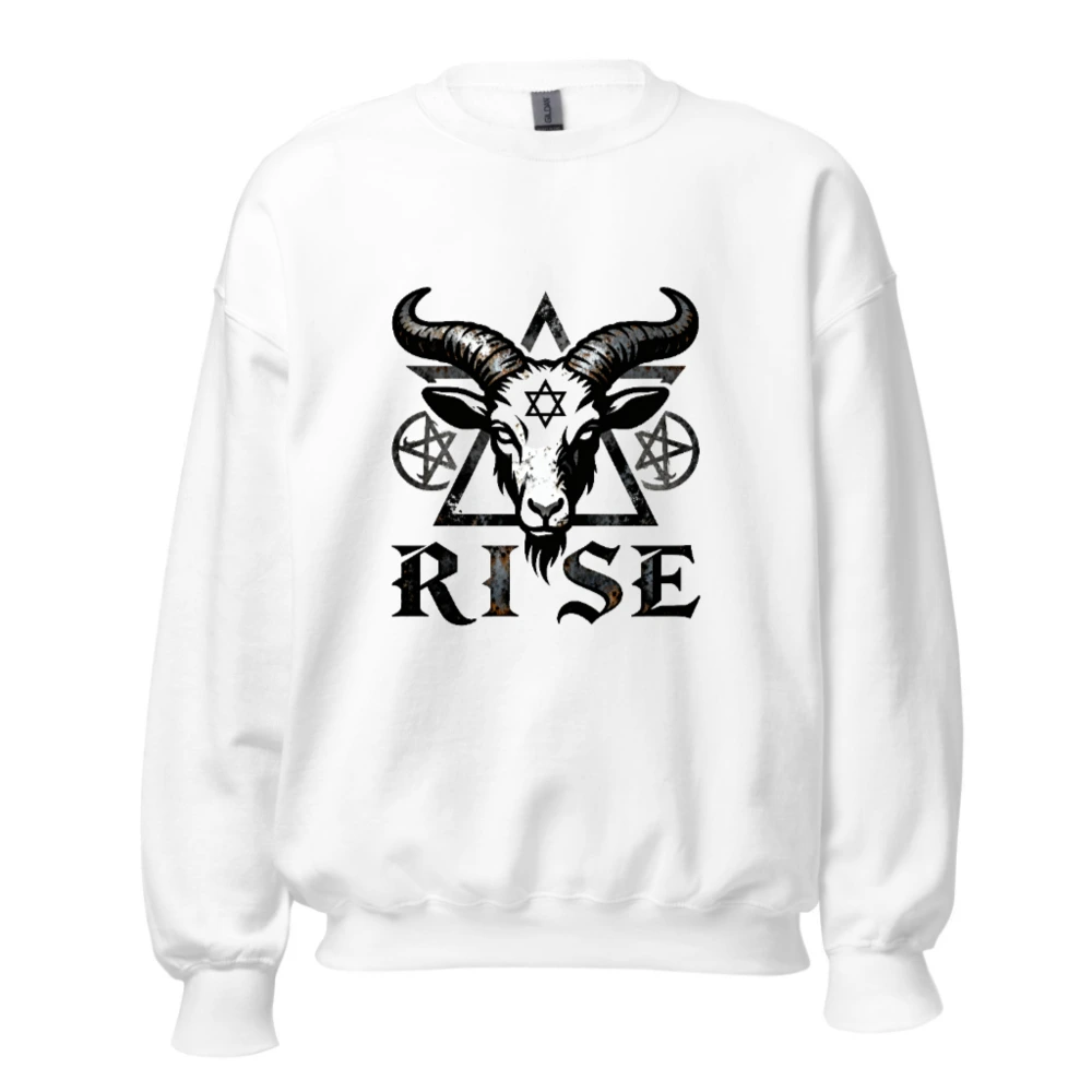 Unisex Goat Head Sweatshirt - 'RISE' Pentagram & Hexagram Design, Crew Neck, Black & White