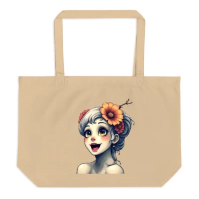 Organic Cotton Tote Bag with Floral Girl Art | Eco-Friendly Large Shopper