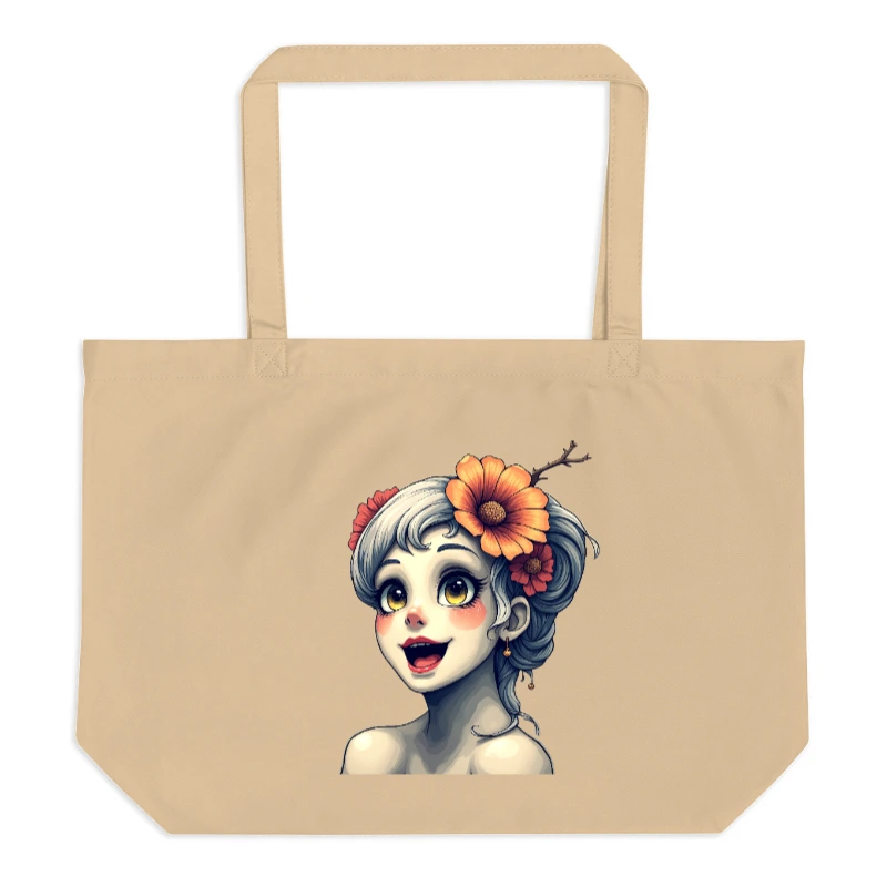 Organic Cotton Tote Bag with Floral Girl Art | Eco-Friendly Large Shopper