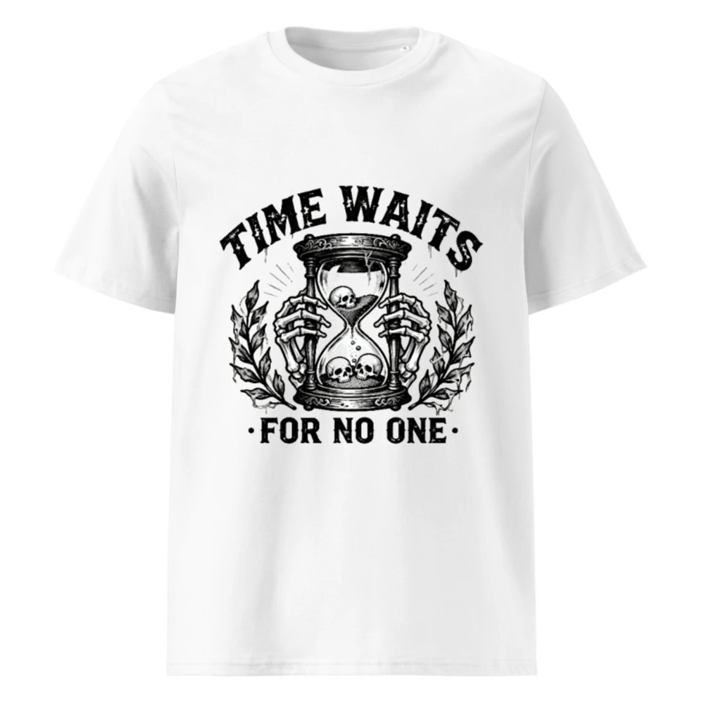 Unisex Organic Cotton T-Shirt - Time Waits For No One Hourglass Skull Design