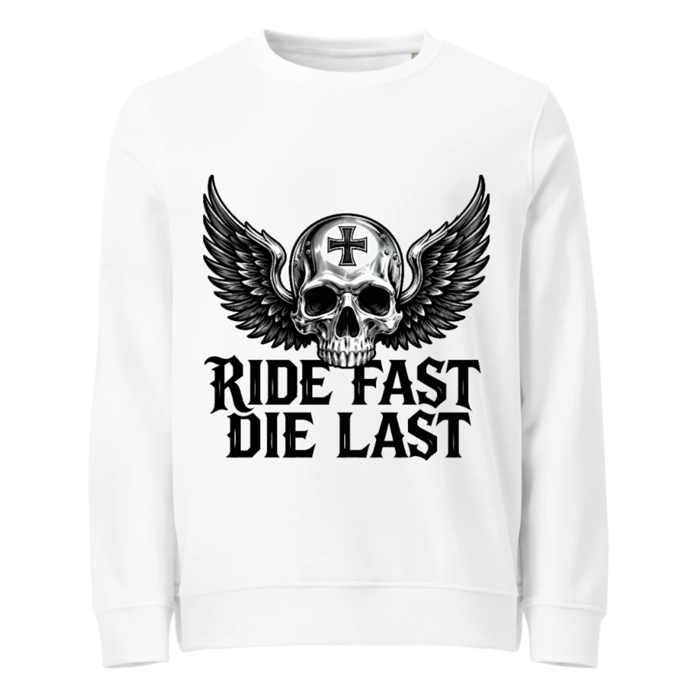 Unisex Organic Sweatshirt | Ride Fast Die Last Skull Wings Design