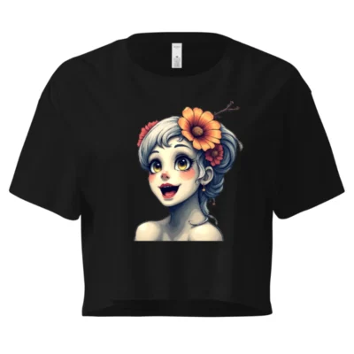 Women's Crop Top with Floral Girl Illustration - Short Sleeve, Black
