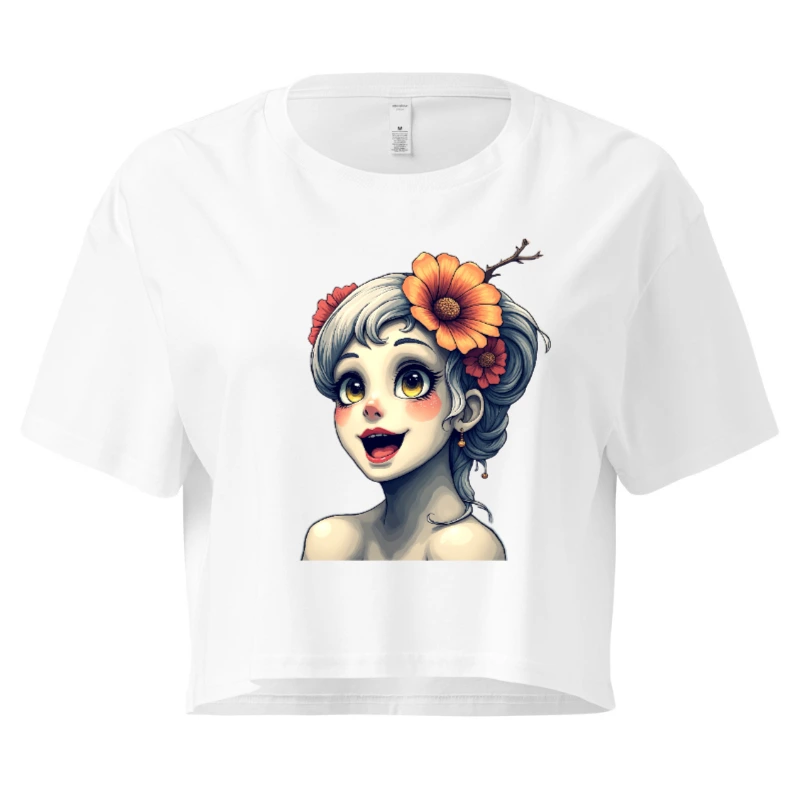 Women's Crop Top with Floral Girl Illustration - Short Sleeve, Comfort Fit