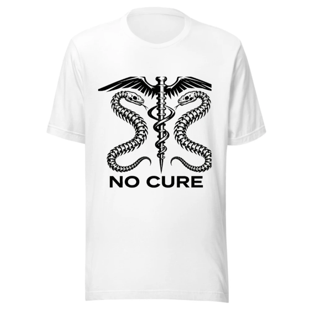 No Cure Caduceus T-Shirt – Unisex Staple Tee with Medical Symbol & Snakes