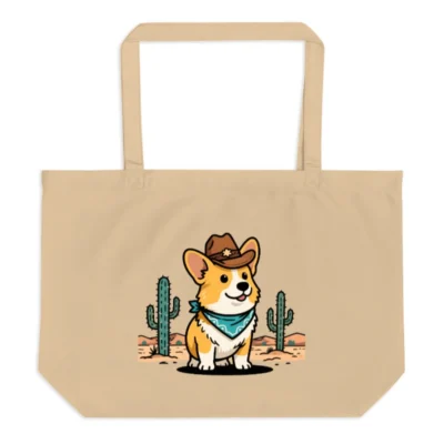 Organic Cotton Tote Bag with Cowboy Corgi Design | Eco-Friendly Large Tote