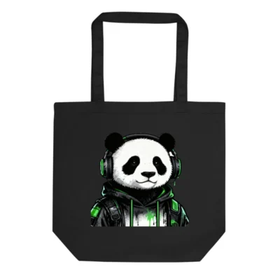 Eco Black Tote Bag with Panda DJ Graphic - Sustainable Reusable Shopping Tote
