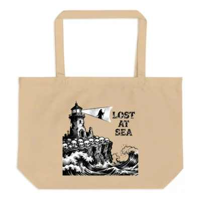 Organic Tote Bag | Lost at Sea Lighthouse & Skulls Design - Eco-Friendly Canvas Tote
