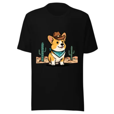 Unisex Cowboy Corgi T-Shirt - Black Short Sleeve Tee with Desert Bandana Design