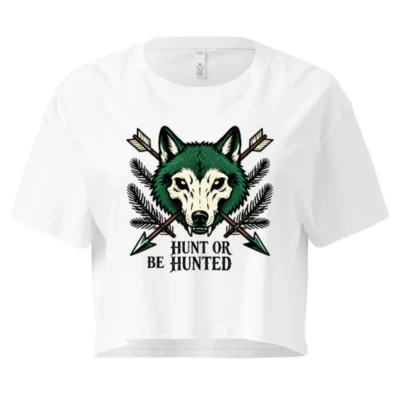 Women's Green Wolf Crop Top - Hunt or Be Hunted, Arrows & Pine Design