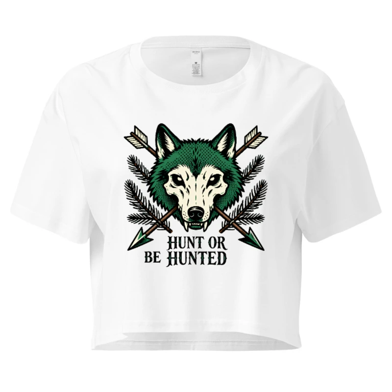 Women's Green Wolf Crop Top - Hunt or Be Hunted, Arrows & Pine Design