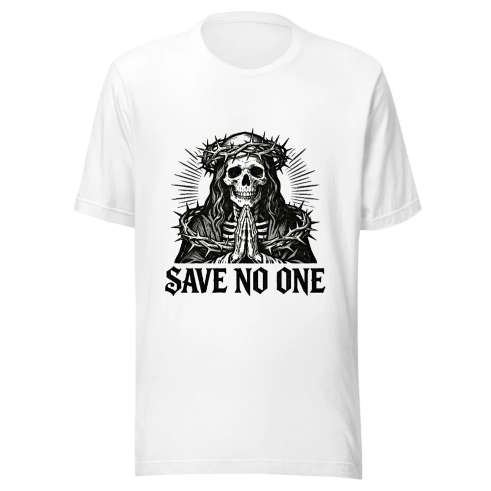 Unisex Staple T-Shirt - Save No One Skull with Crown of Thorns Design