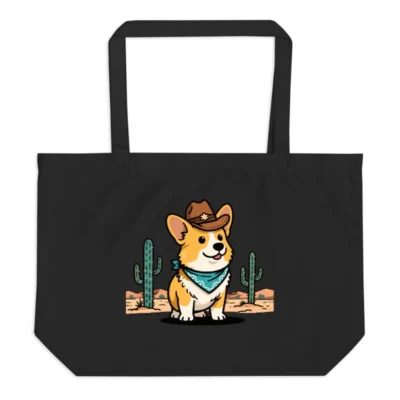 Organic Cotton Cowboy Corgi Tote Bag | Large Black Eco-Friendly Shopping Bag