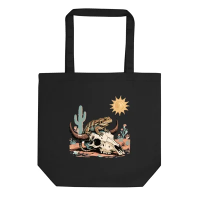 Eco Black Tote Bag with Desert Lizard & Skull Art - Sustainable Canvas Tote