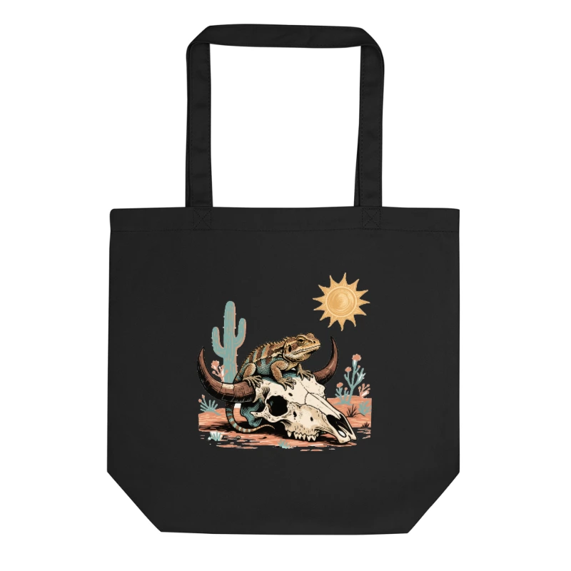 Eco Black Tote Bag with Desert Lizard & Skull Art - Sustainable Canvas Tote