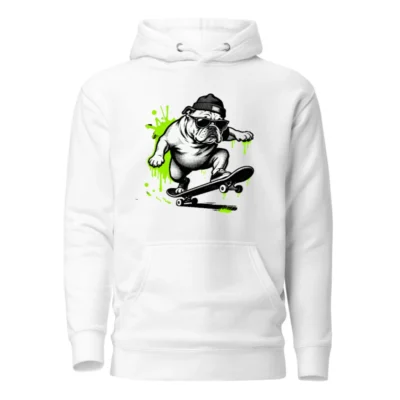 Unisex Premium Pullover Hoodie - Bulldog Skateboarder Graphic, Green Splatter Design