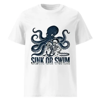 Unisex Organic Cotton T-Shirt: Octopus & Skeleton 'Sink or Swim' Pirate Graphic Tee