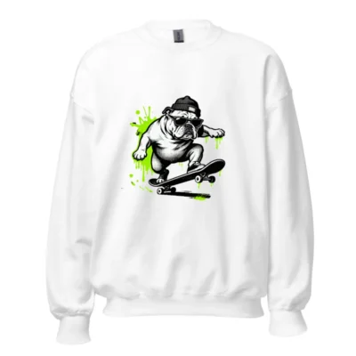 Unisex Crew Neck Sweatshirt - Bulldog Skateboarder Graphic, Green Splatter Art