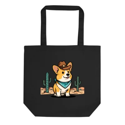Eco Black Tote Bag | Cowboy Corgi Desert Design - Sustainable Canvas Tote