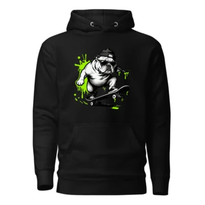 Unisex Premium Pullover Hoodie - Bulldog Skateboarder Graphic, Black