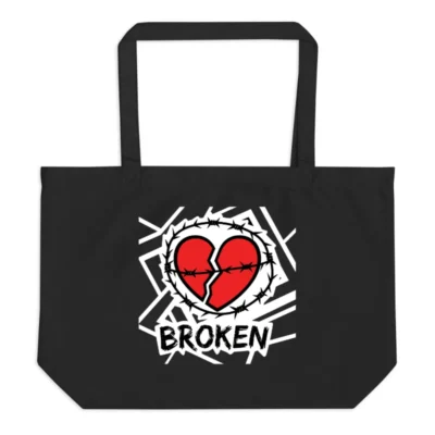 Large Black Organic Tote Bag | Broken Heart Barbed Wire Design