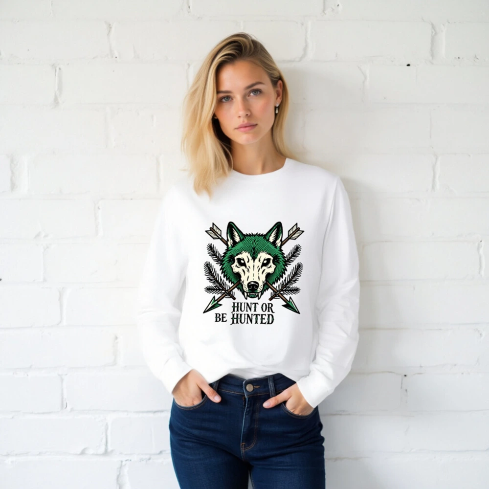 Hunt or Be Hunted Wolf Long Sleeve Tee - Unisex Green Wolf Graphic - Image 2