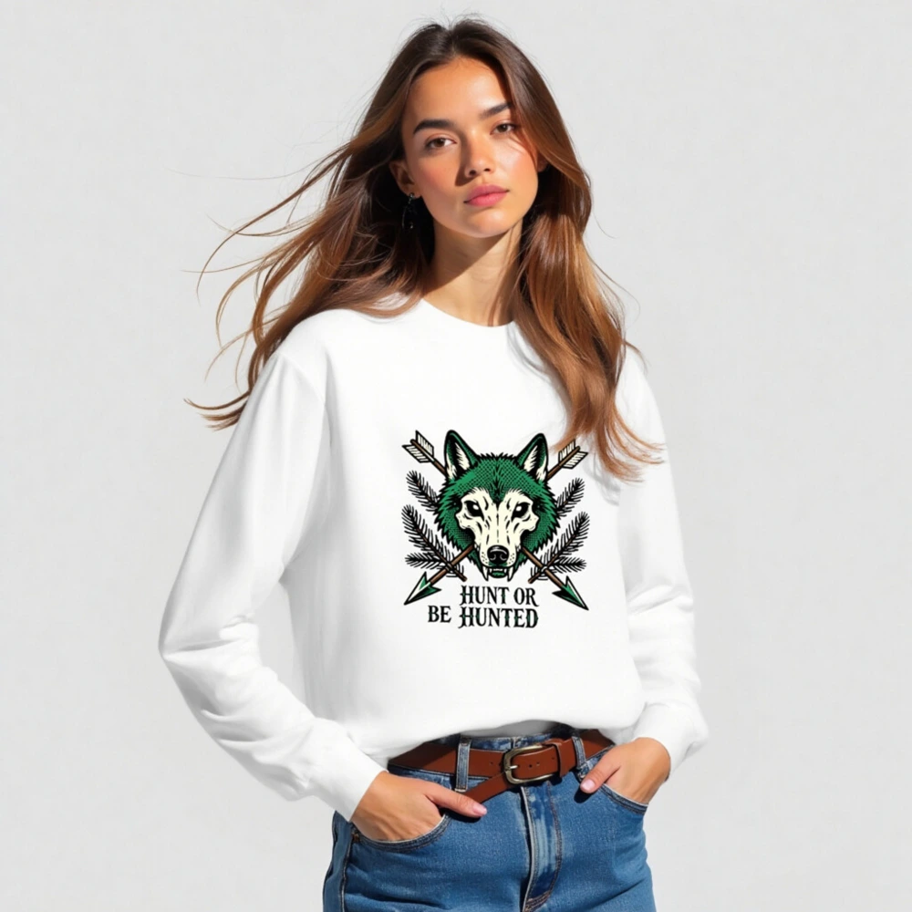 Hunt or Be Hunted Wolf Long Sleeve Tee - Unisex Green Wolf Graphic - Image 3