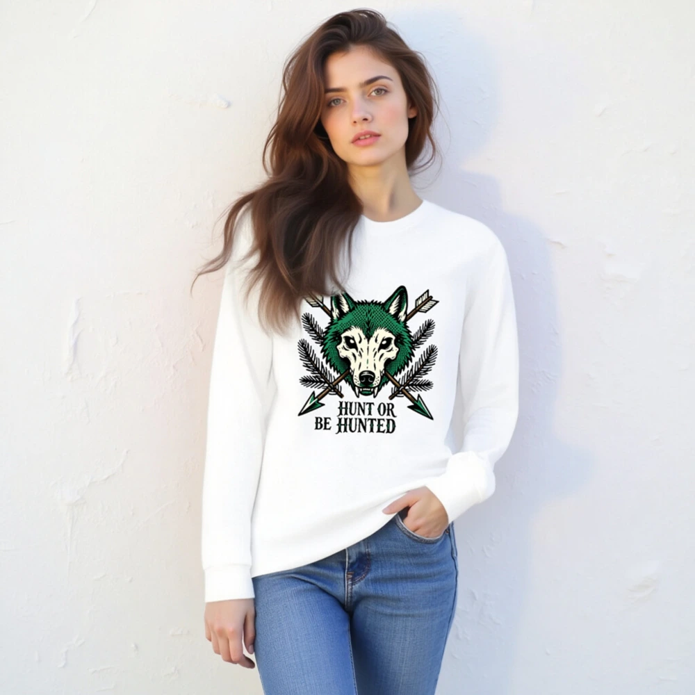 Hunt or Be Hunted Wolf Long Sleeve Tee - Unisex Green Wolf Graphic - Image 4
