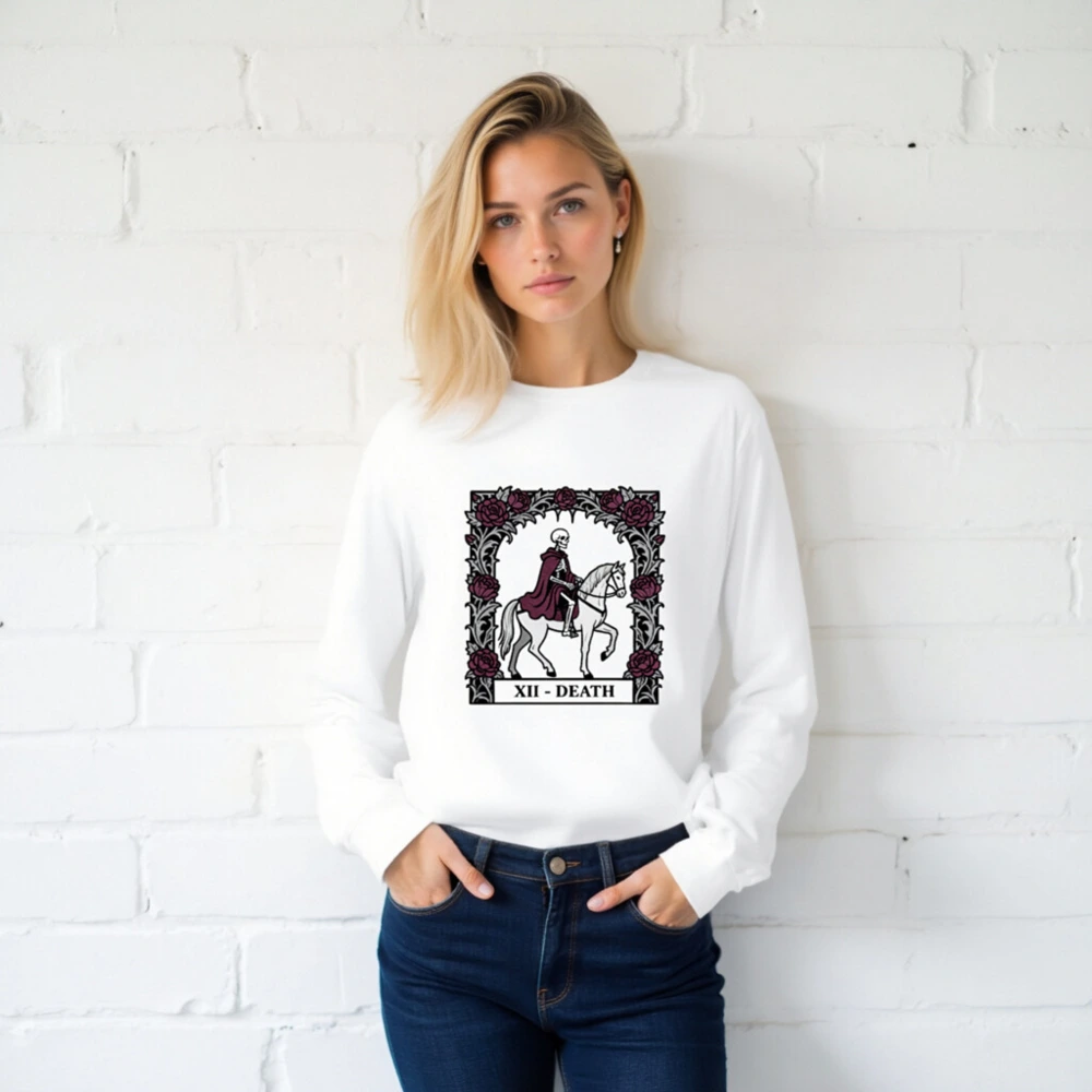 XII - Death Tarot Skeleton on Horse Long Sleeve Tee | Gothic Unisex Shirt - Image 2