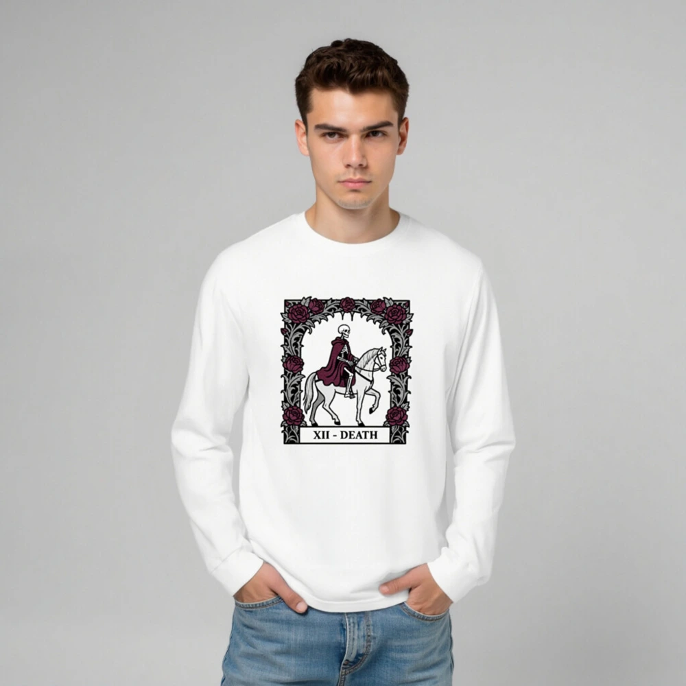 XII - Death Tarot Skeleton on Horse Long Sleeve Tee | Gothic Unisex Shirt - Image 6