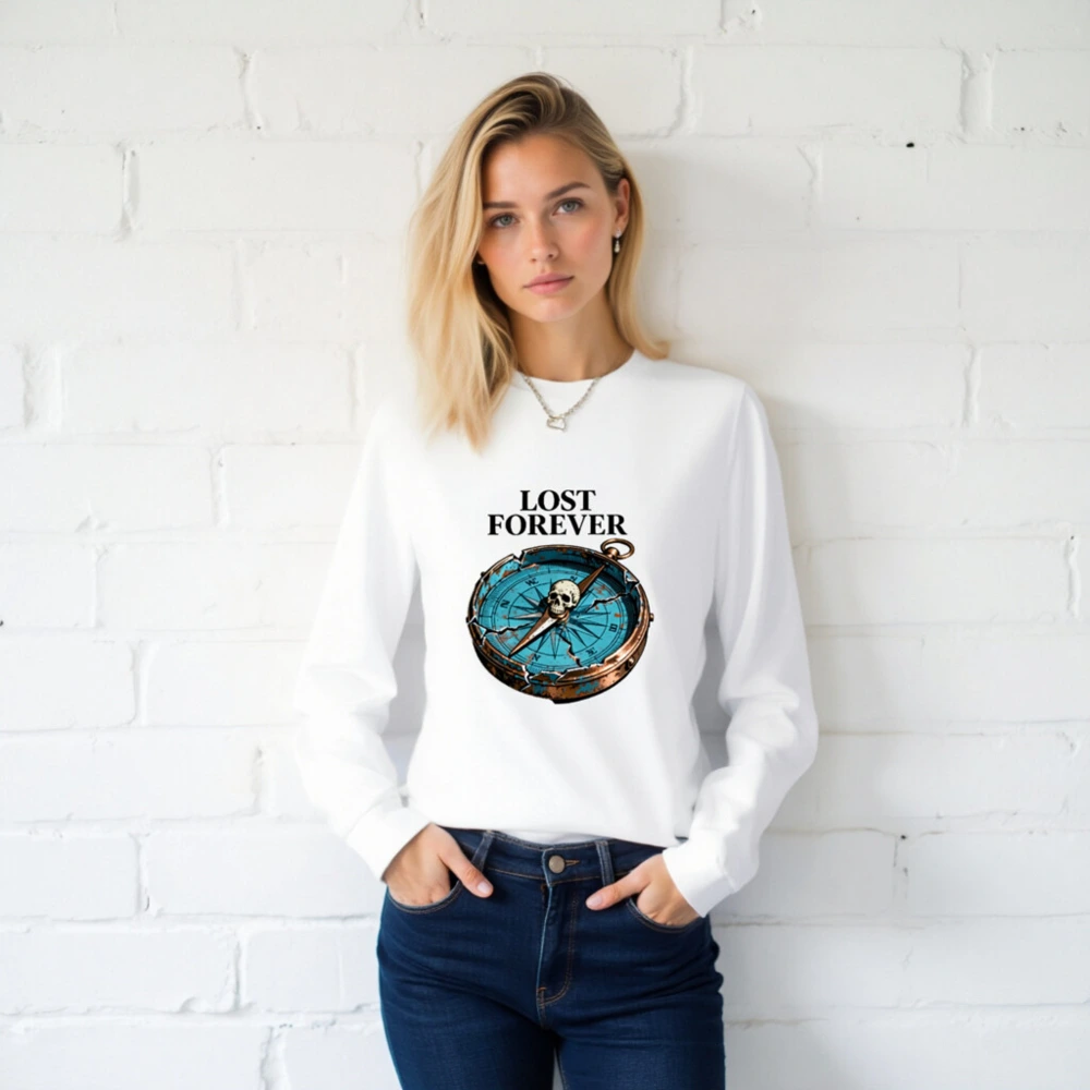 Lost Forever Compass Skull Long Sleeve Tee - Unisex Vintage Style - Image 2