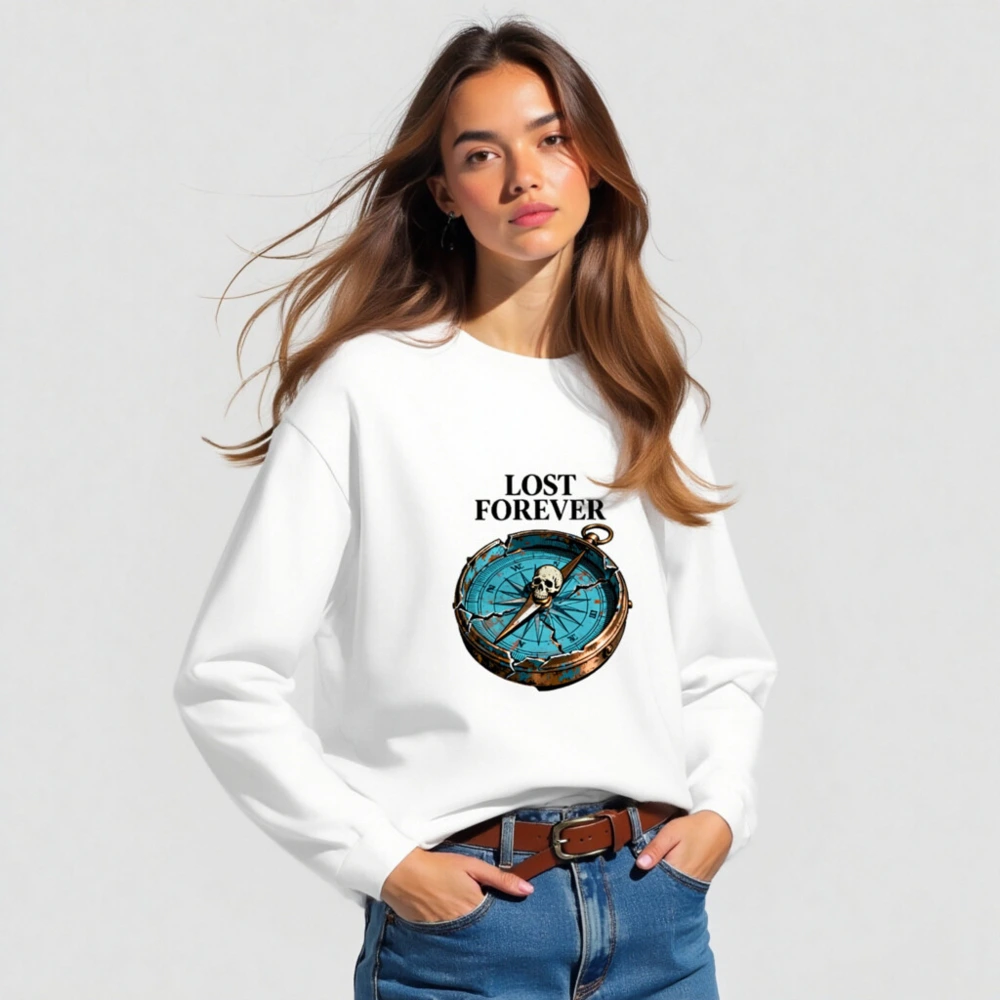 Lost Forever Compass Skull Long Sleeve Tee - Unisex Vintage Style - Image 3