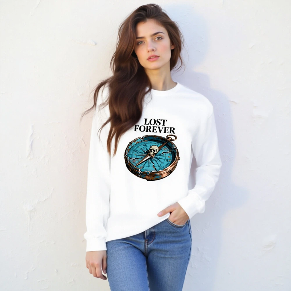 Lost Forever Compass Skull Long Sleeve Tee - Unisex Vintage Style - Image 4